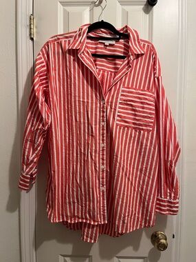 LOFT Coral and White Striped Blouse
